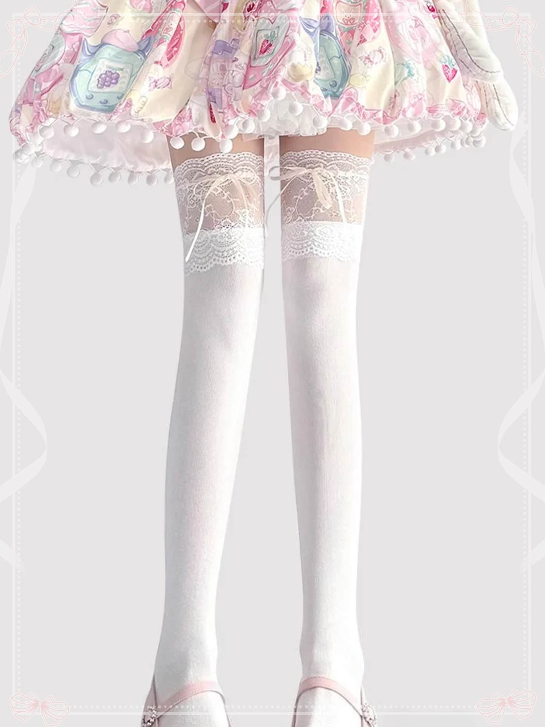 Lolita Stockings Japanese Lace Pink Nude Blue Cotton Thigh-High Socks with Bow Details