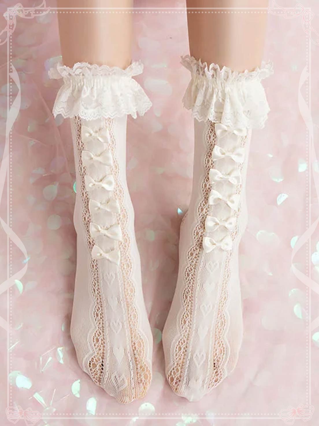 Lolita Stockings White Bow Lace Lolita Socks High Over Knee Cute Spring Summer Thin Lolita Accessories