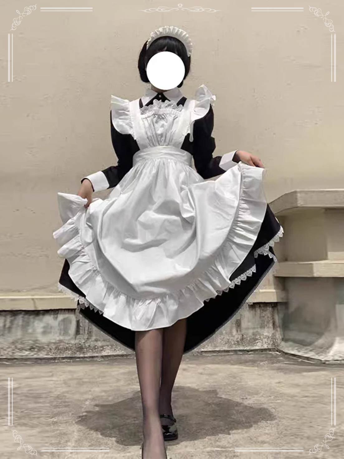 Maid Outfit Black White Classic Cosplay Long Dress Full-Length Elegant Uniform