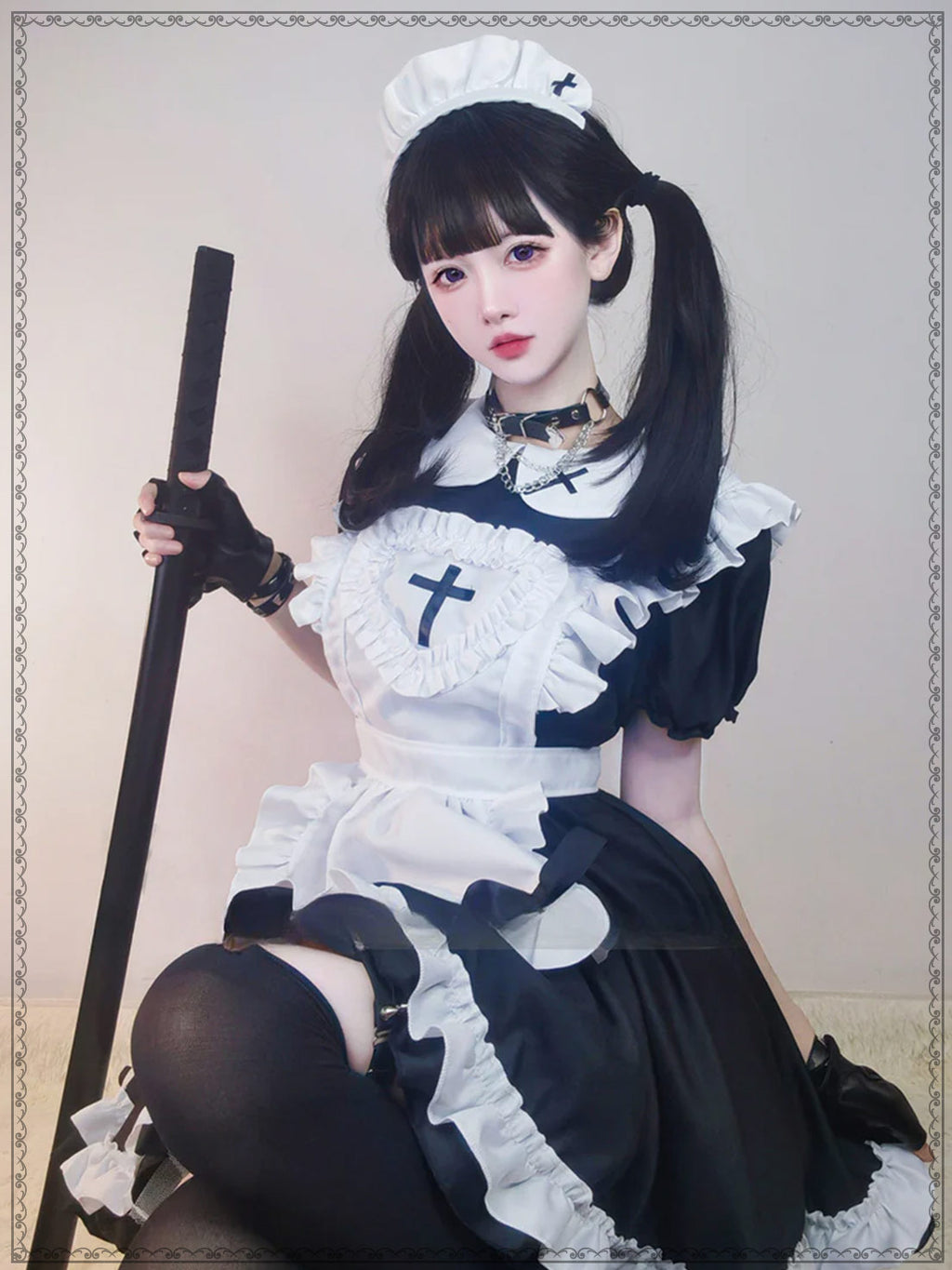 Maid Outfit Black White Ruffled Apron Cross Detail