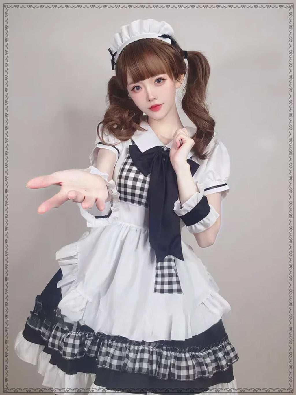 Maid Outfit Plus Size 5XL Black White Checkered Ruffles Bow