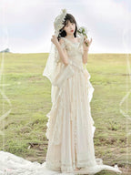 Mori Kei Fashion Apricot Greek Goddess Ivory Ball Gown Elegant Maxi Jumper Skirt Dress