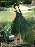 Mori Kei Fashion Lolita Dress Forest Fairy Dark Green Elegant Yarn Suspender Elf JSK