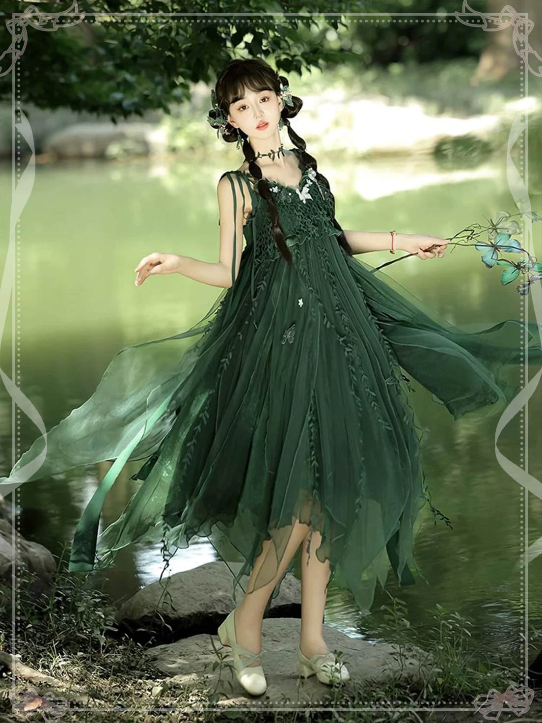 Mori Kei Fashion Lolita Dress Forest Fairy Dark Green Elegant Yarn Suspender Elf JSK