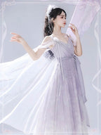 Mori Kei Fashion Prom Dress Dreamy Light Purple Lolita JSK Dress Lace Flowy Side Slit