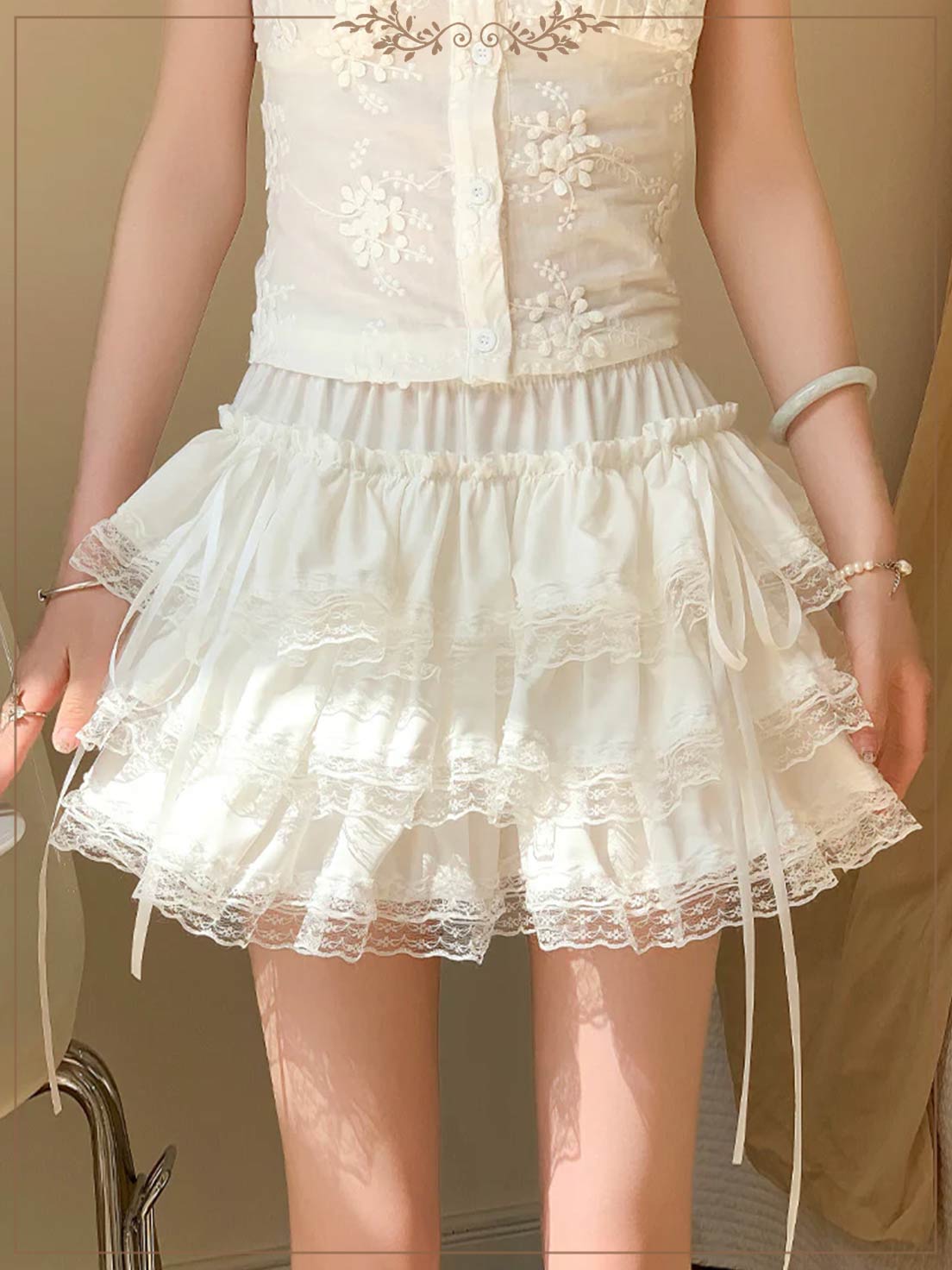 Petticoats Sweet White Cake Layered Skirt Summer Lace Trim Fluffy ALine Skirt with Builtin Shorts