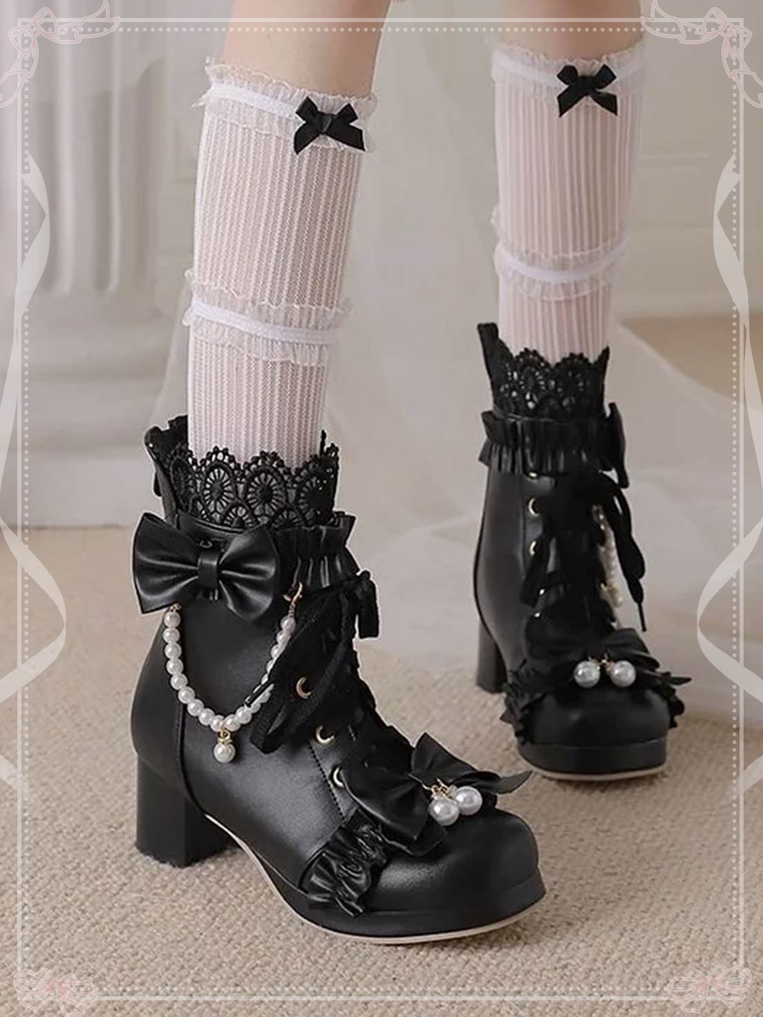 Lolita Shoes Sweet Bow Pink Bow Lace Short Boots with Thick Heels Lolita Martin Boots