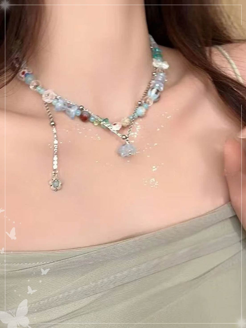 Pink Love Double Necklace Sweet Cool Sweater Chain Beaded Dog Cube Sugar