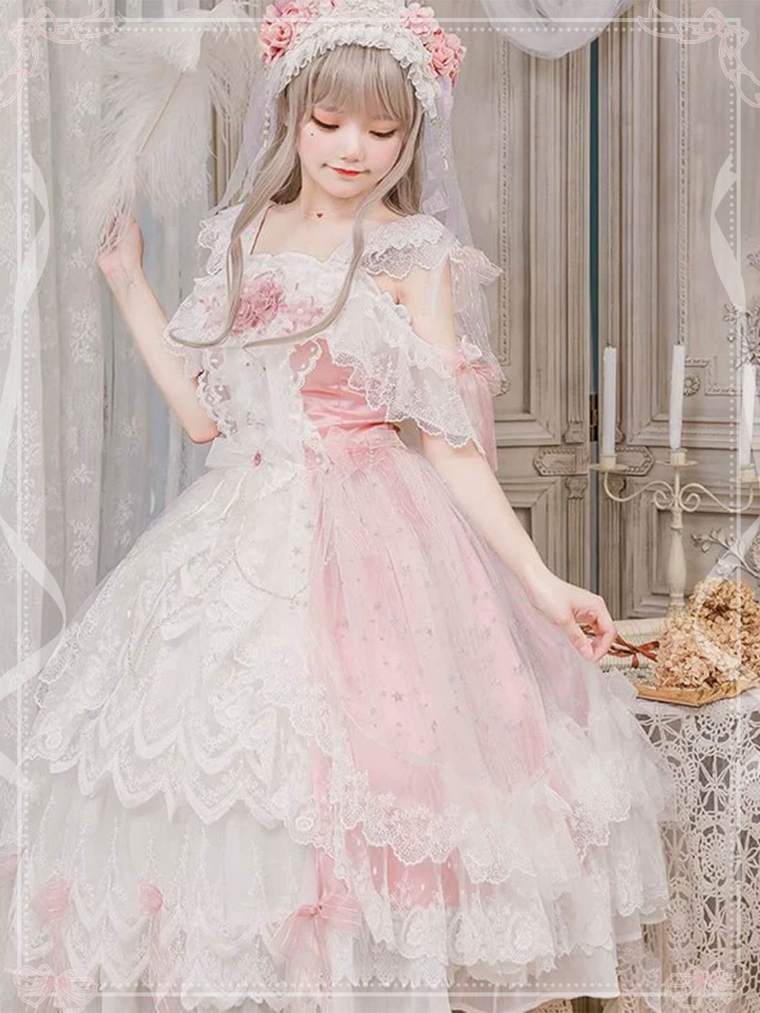 Pink Rose Lace Floral Marriage Lolita Multi Layer Dress Princess JSK
