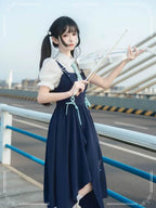School Style Navy Blue Pinafore Dress Set Asymmetrical Summer Light Lolita