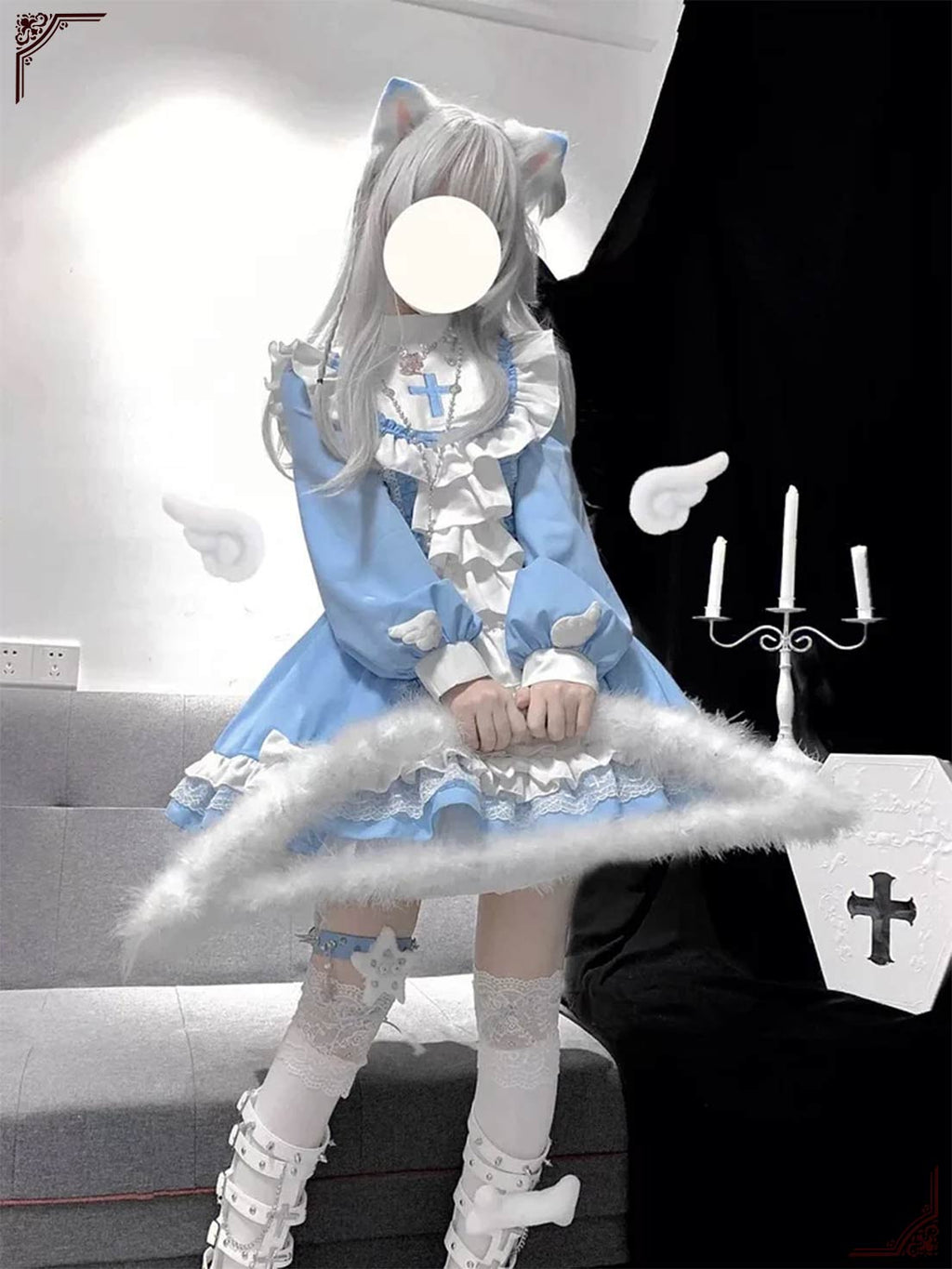 Gothic Lolita OP Dress Baby Blue and White Mini Dress Maid Outfit