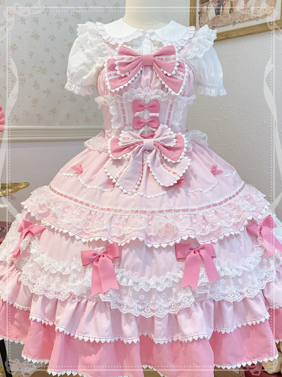 Sweet Hime Lolita Tea Party Fashion Cake Dress Pink Bow Layer Lace Trimmed Lolita Dress 