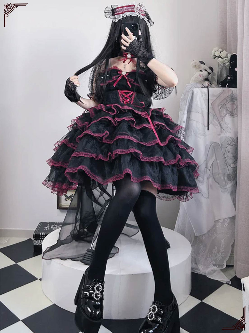 Sweet Lolita Black Red Short Sleeve Layered Ruffle Bridal Bow Lace Plus Size Dress Short Style