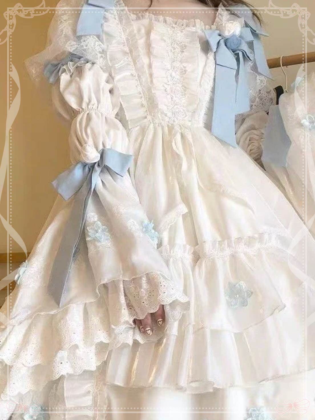 Sweet Lolita Blue and White Bow Long Sleeves Cute Princess Dress