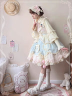 Sweet Lolita Blue Pink Sleeveless Layer Ruffle Bow Lace Cute OPDress Short Version