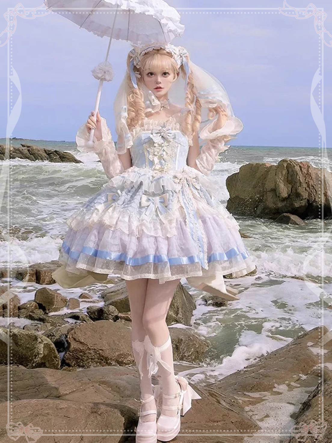 Sweet Lolita Blue Sleeveless Ruffle Embroider Bow Lace Corset Princess Dress