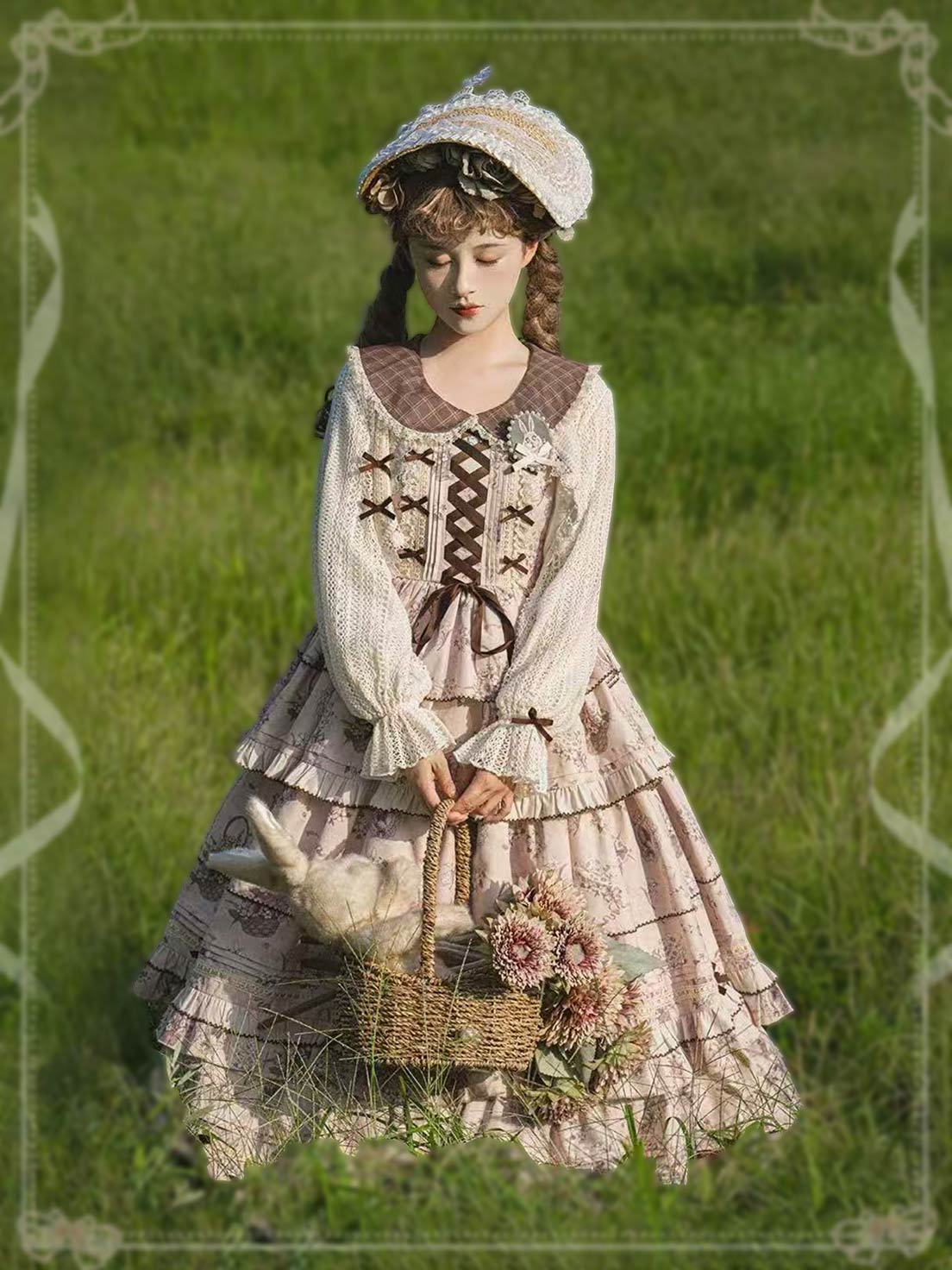 Sweet Lolita Brown Elegant Daily Lace Bow Princess JSK Dress Set