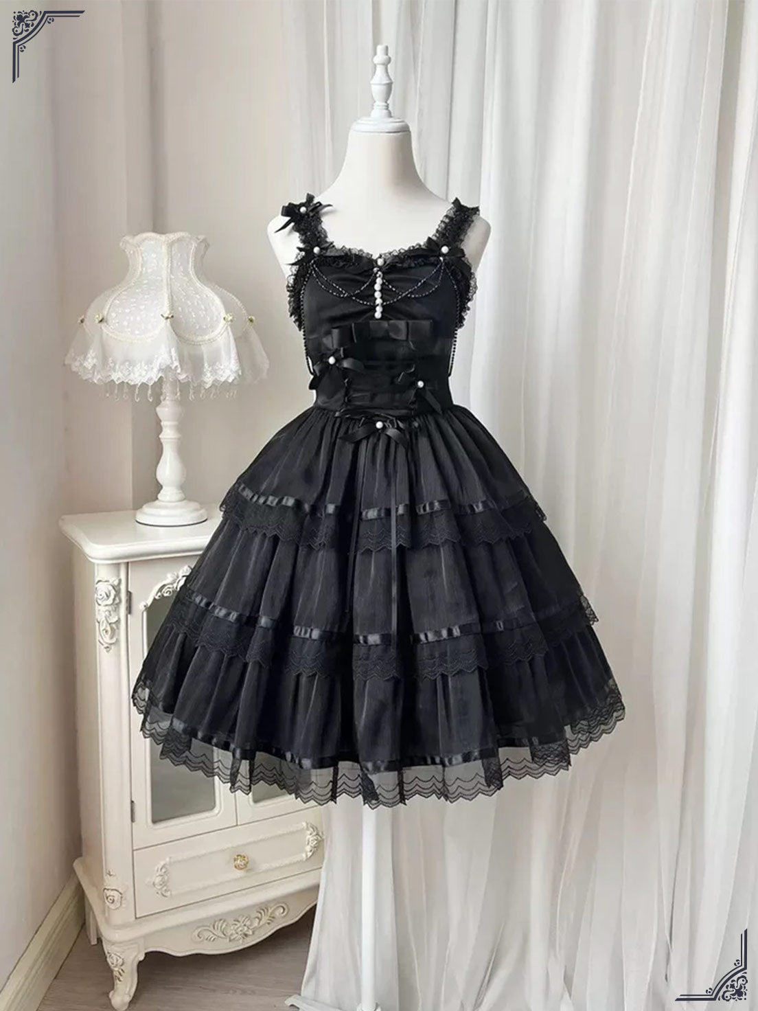 Sweet Lolita Chiffon Lace White Black Dress Bridal Goth JSK Elegant Dresses