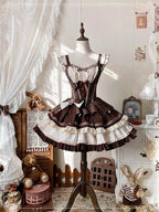 Sweet Lolita Chocolate Cake Cream Dress with Corset Brown Waist Skinny Bow