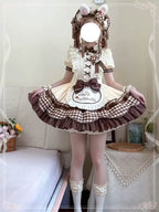 Sweet Lolita Chocolate Cream Cake Dress Strawberry Print Bear Brown Ballet Fluffy
