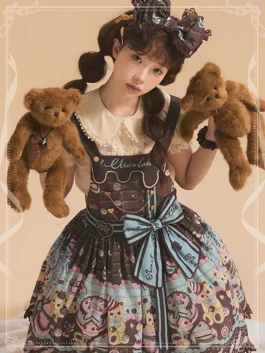 Sweet Lolita Chocolate Dress Brown Blue with Bear Motifs Cream Cake Lolita Jumper Skirt