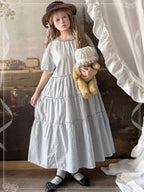 Sweet Lolita Dress Blue Lace Layer Puff Sleeve Plaid Summer Short Sleeve Round Neck