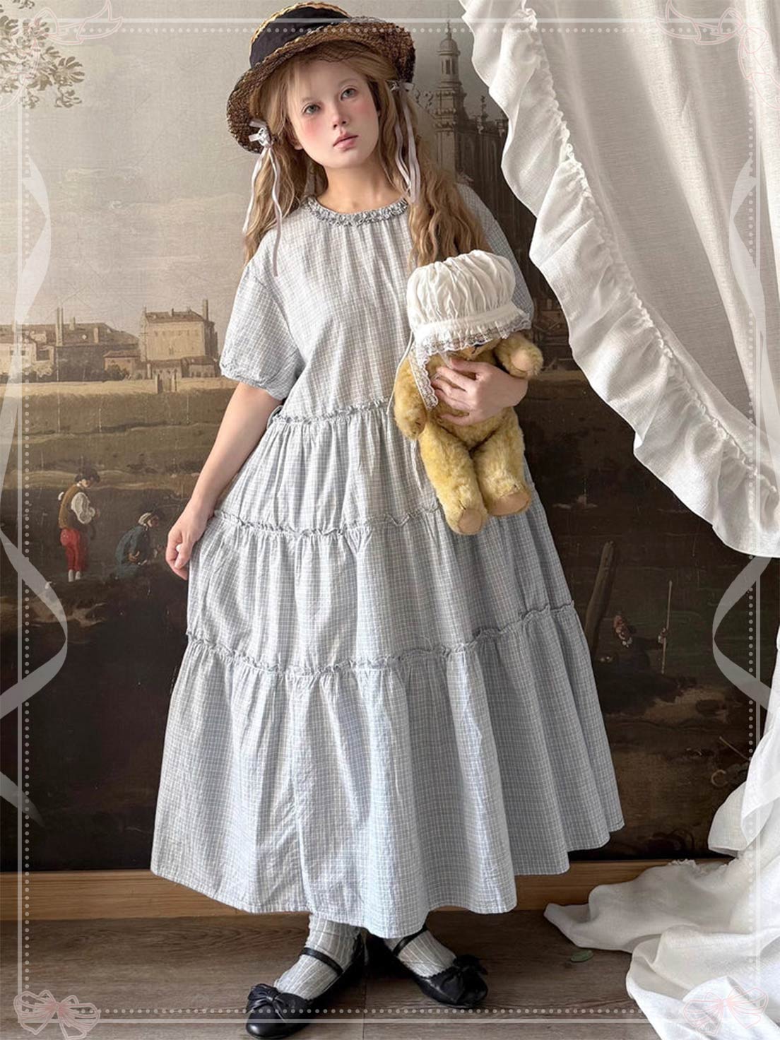 Sweet Lolita Dress Blue Lace Layer Puff Sleeve Plaid Summer Short Sleeve Round Neck