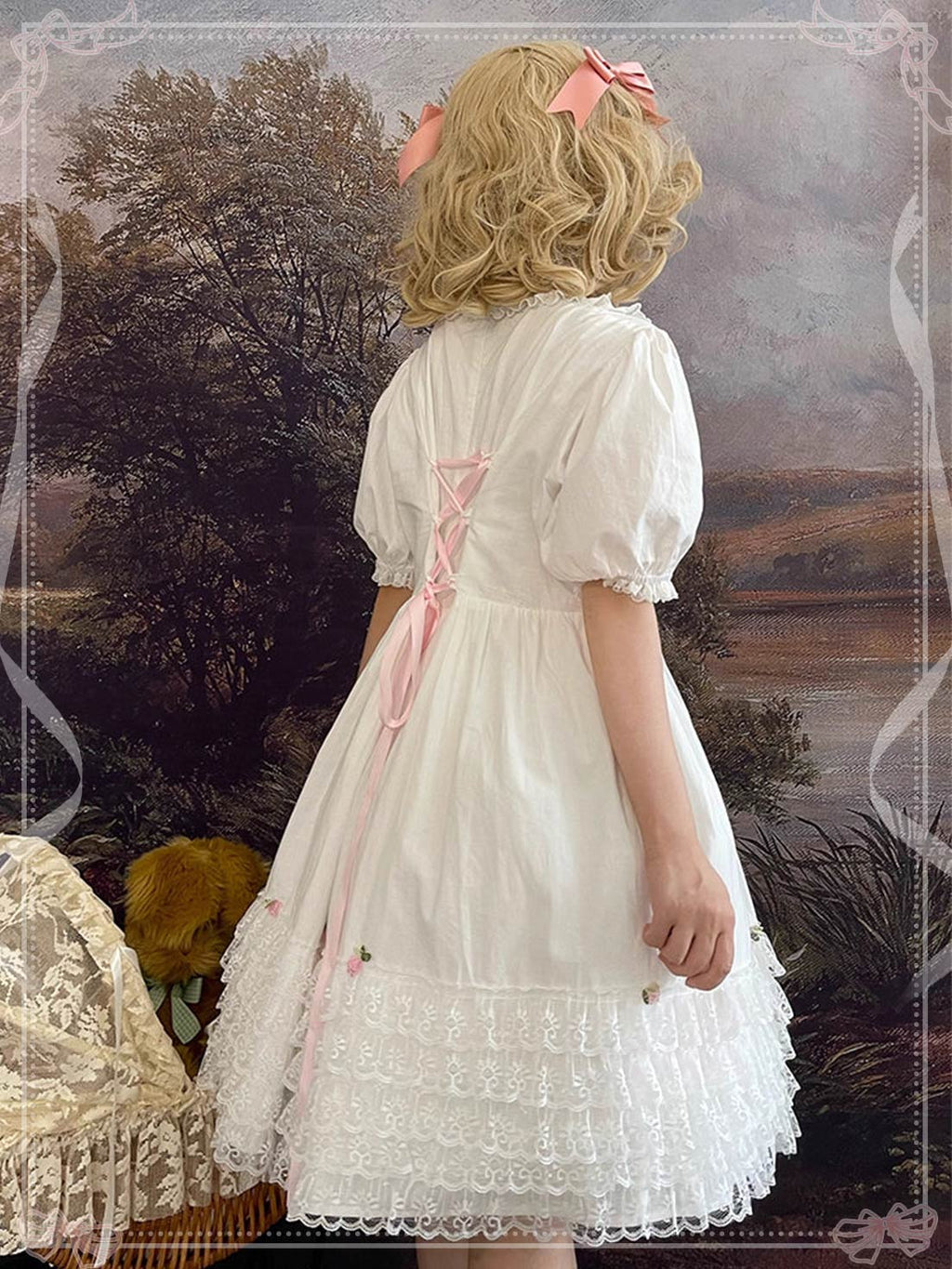 Sweet Lolita Dress White Lace Tie Waist Puff Sleeve Short Skirt Elegant Daily Wear