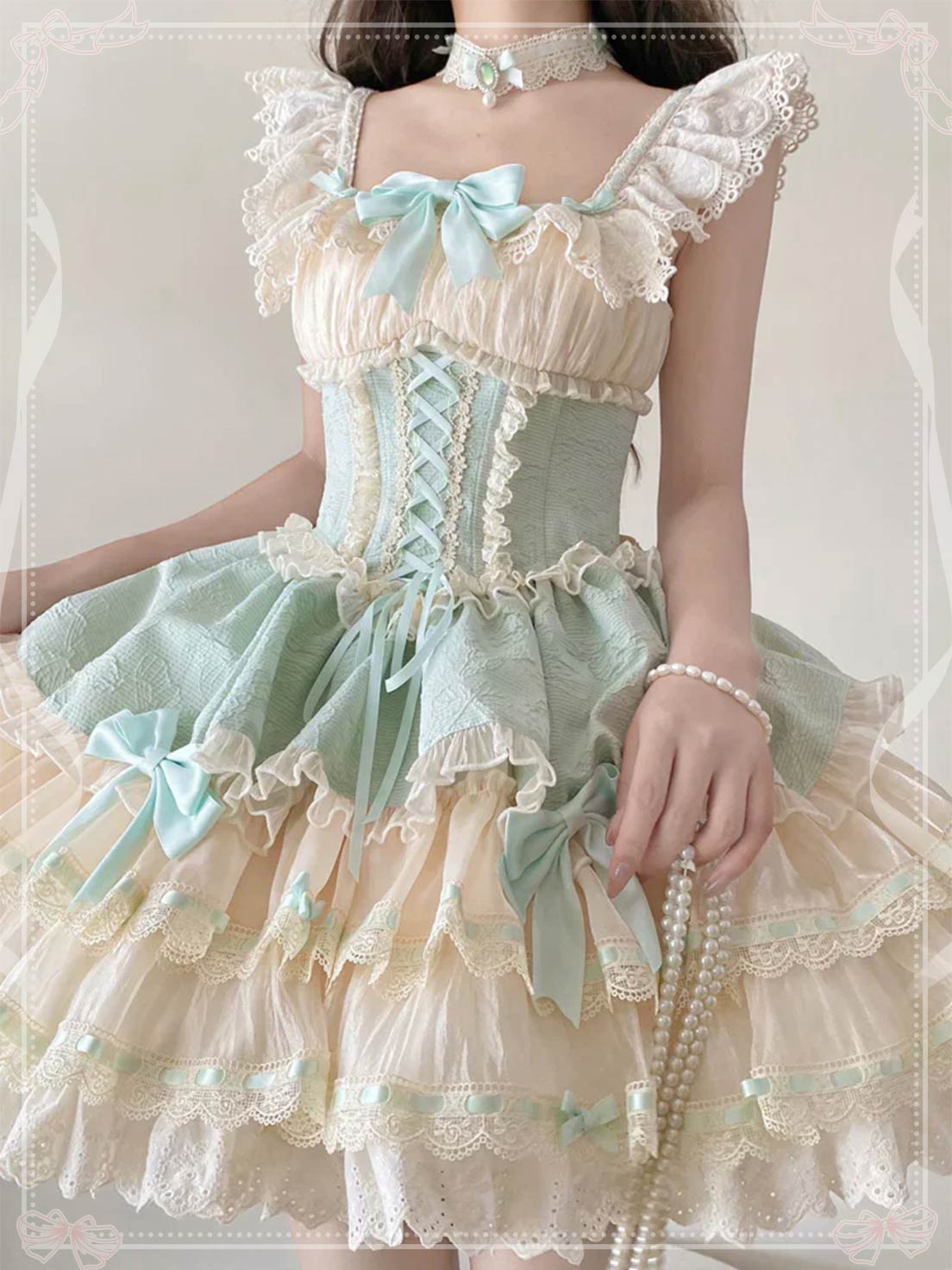 Sweet Lolita Green Double-layer Ruffle Bow Lace Lace up Sweet Ballet Lolita JSK Dress
