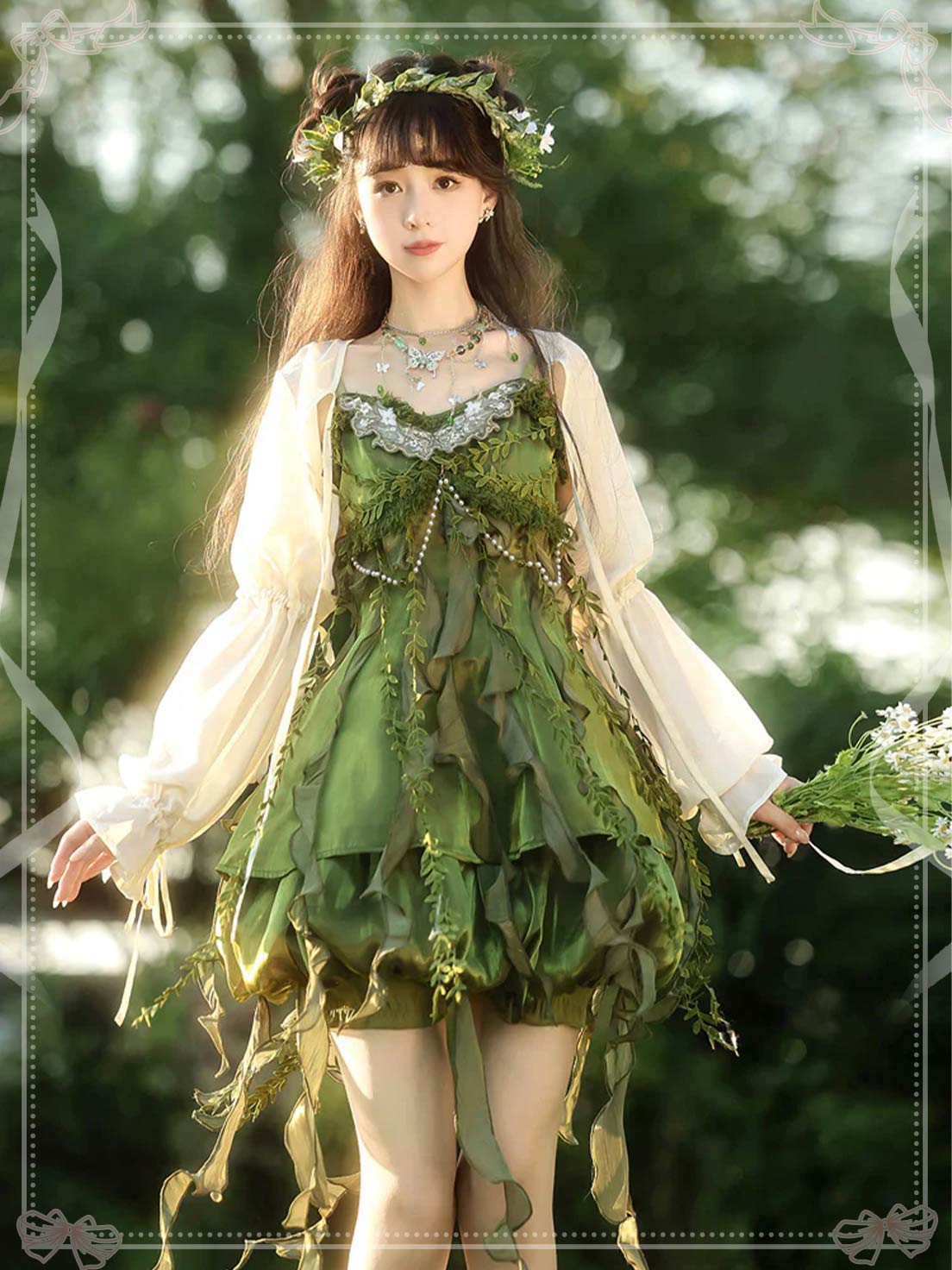 Sweet Lolita Green Leaf Embellished Ruffle Asymmetrical Jsk Dress Set