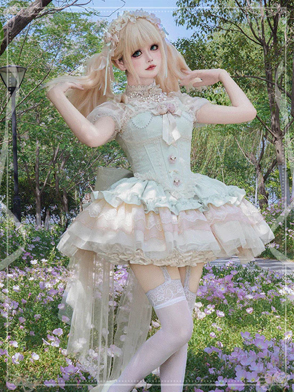 Sweet Lolita Green Sleeveless Princess Lolita Jsk Dress Multi Layer Ruffle Bowknot Lace