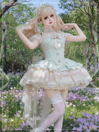 Sweet Lolita Green Sleeveless Princess Lolita Jsk Dress Multi Layer Ruffle Bowknot Lace