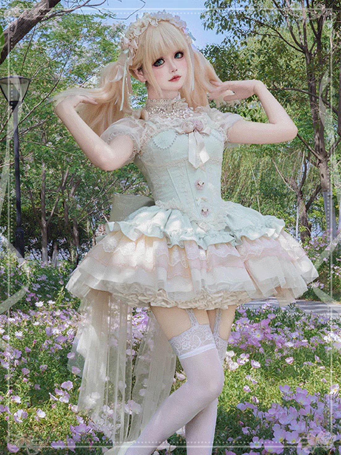 Sweet Lolita Green Sleeveless Princess Lolita Jsk Dress Multi Layer Ruffle Bowknot Lace