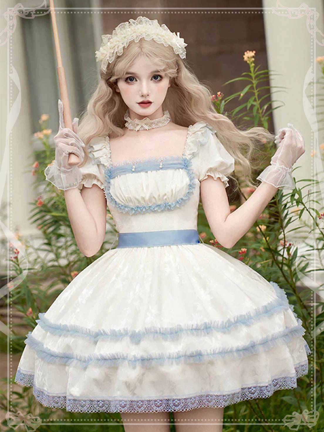 Sweet Lolita Ivory Square Neck Puff Sleeves Ruffle Corset Sweet Lolita Short Dress