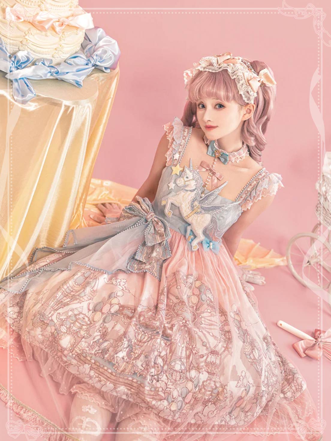 Sweet Lolita Pastel Pink Blue Dress with Unicorn Embroidery Ruffles Bow