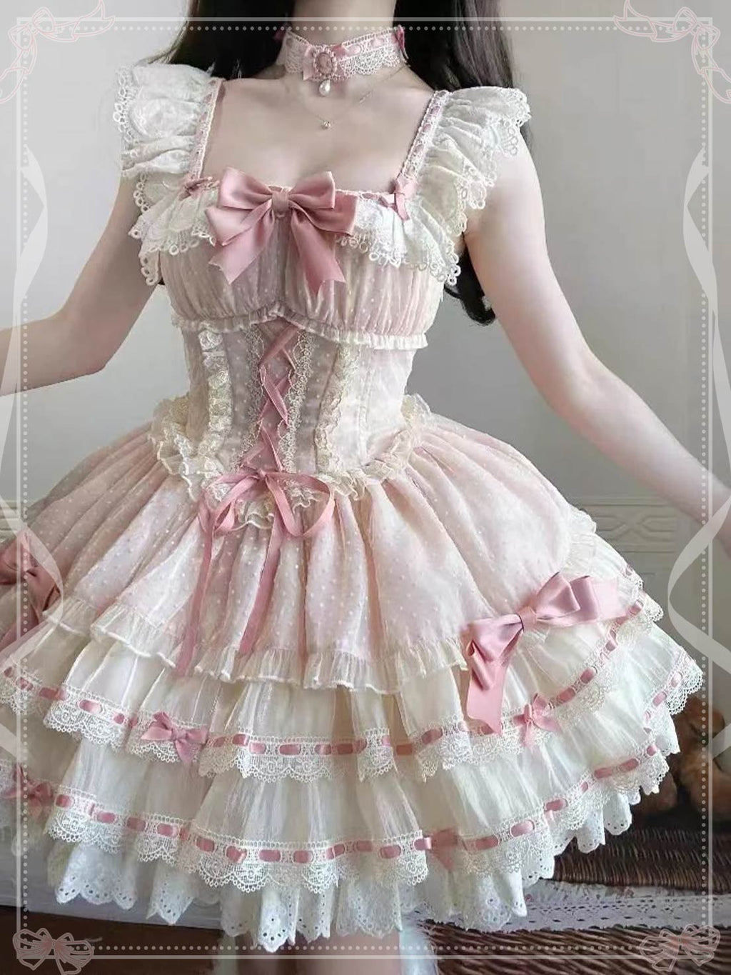 Sweet Lolita Pink Ballet Princess Cake Dress OP Ruffles Lace Sleeveless for Party