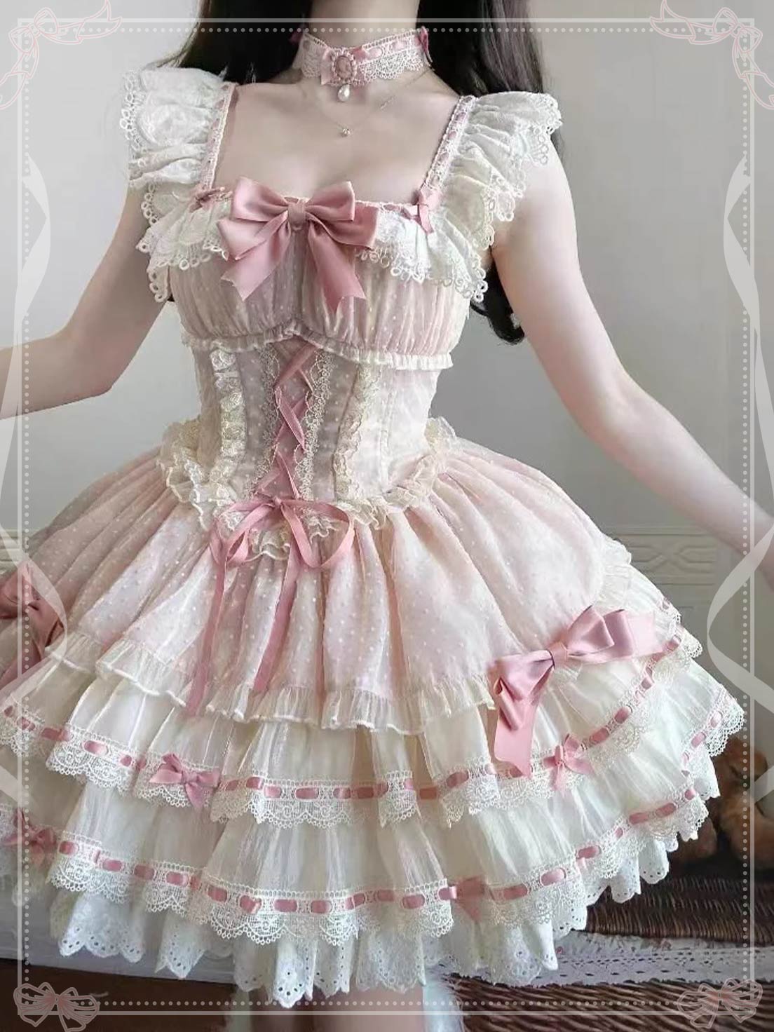 Sweet Lolita Pink Ballet Princess Cake Dress OP Ruffles Lace Sleeveless for Party