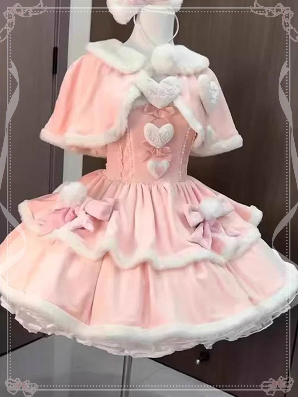 Sweet Lolita Pink Christmas Dress Plush Cape with Puffy Skirt Winter Set