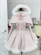Sweet Lolita Pink Princess Dress Woolen Elegant in Winter Plush Cloak for Christmas