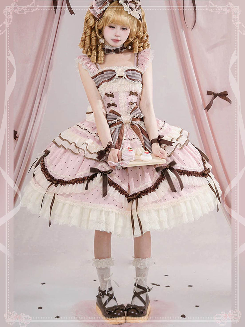 Sweet Lolita Pink Sleeveless JSK Dress Printed Ruffle Bowknot Lace-Up Princess Style