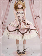 Sweet Lolita Pink Sleeveless JSK Dress Printed Ruffle Bowknot Lace-Up Princess Style