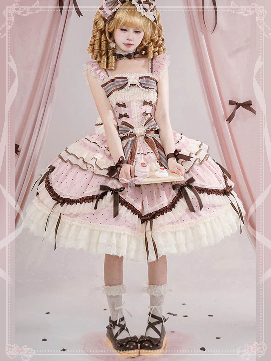 Sweet Lolita Pink Sleeveless JSK Dress Printed Ruffle Bowknot Lace-Up Princess Style