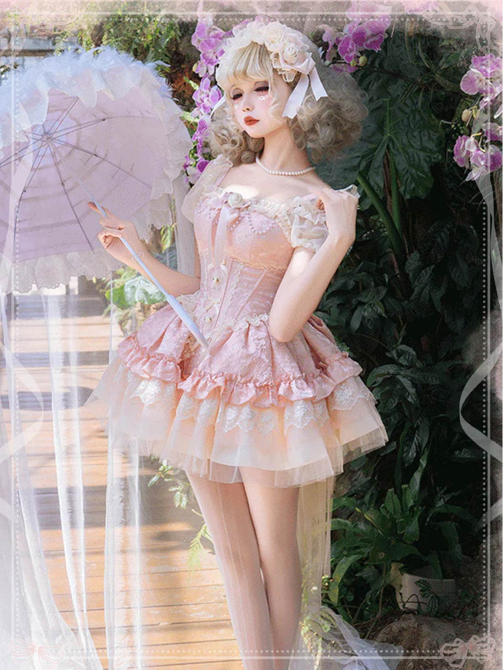 Sweet Lolita Pink Sleeveless Multi Layer Ruffle Bow Lace Tie Up Princess Dress