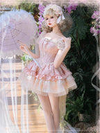 Sweet Lolita Pink Sleeveless Multi Layer Ruffle Bow Lace Tie Up Princess Dress