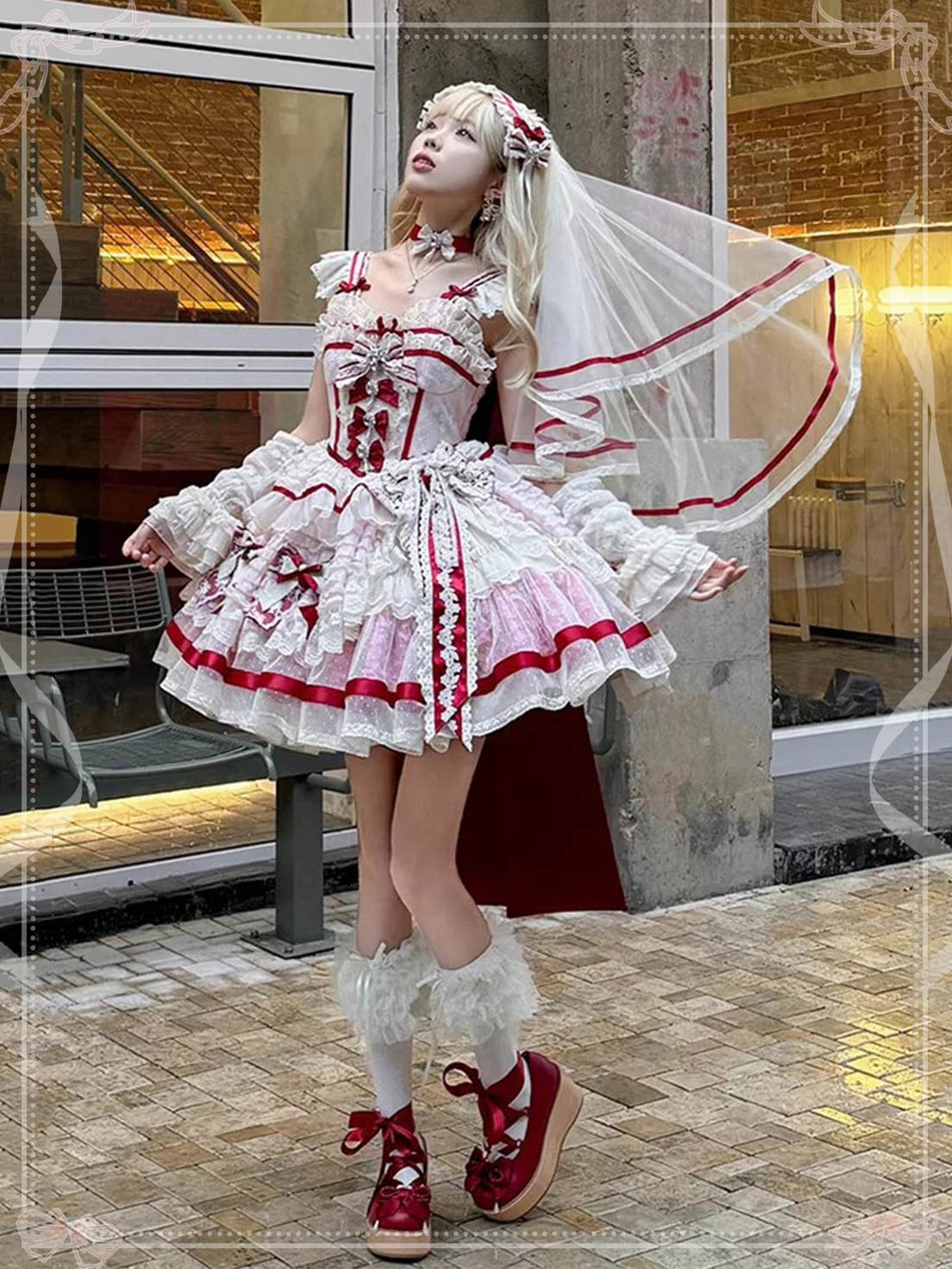 Sweet Lolita Pink Sleeveless Princess Lolita Dress Ruffle Embroidery Bowknot Lace Fishbone