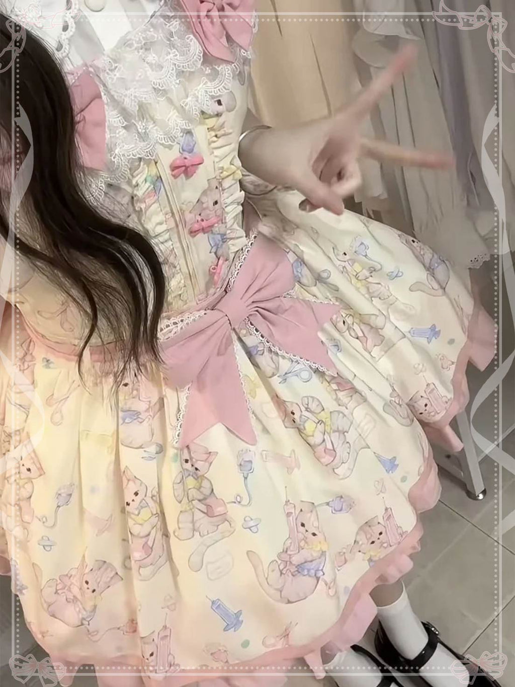 Sweet Lolita Pink Yellow Cream Daily Butterfly Lace Lolita Dress