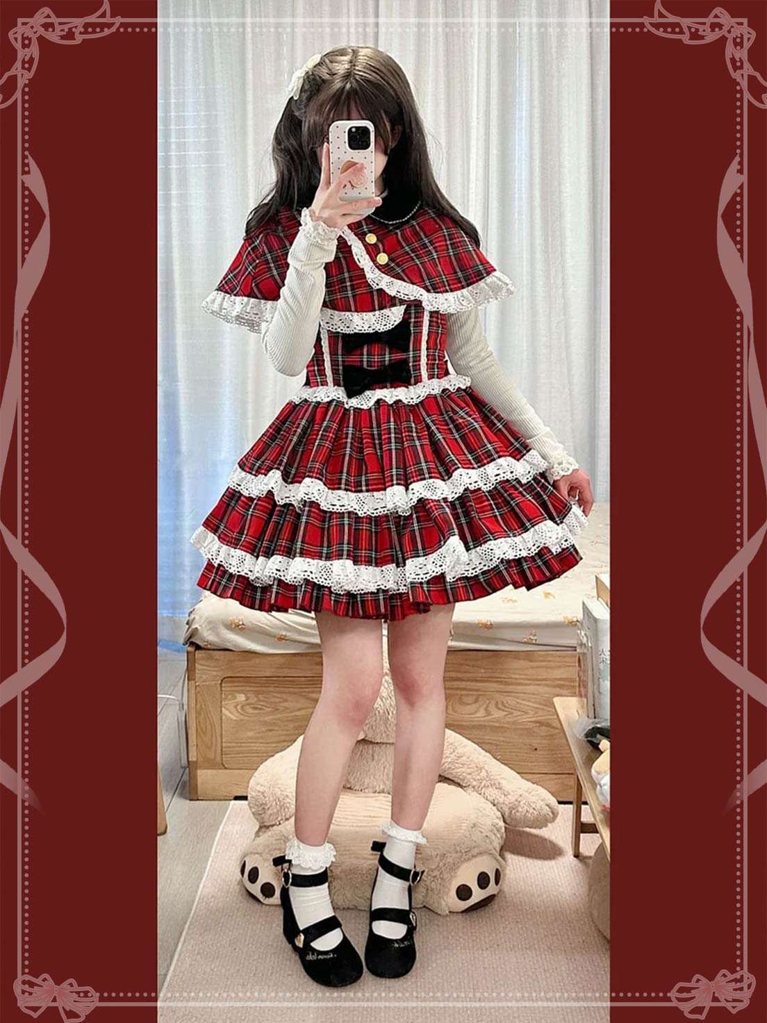 Red Christmas Plaid Dress with Cape