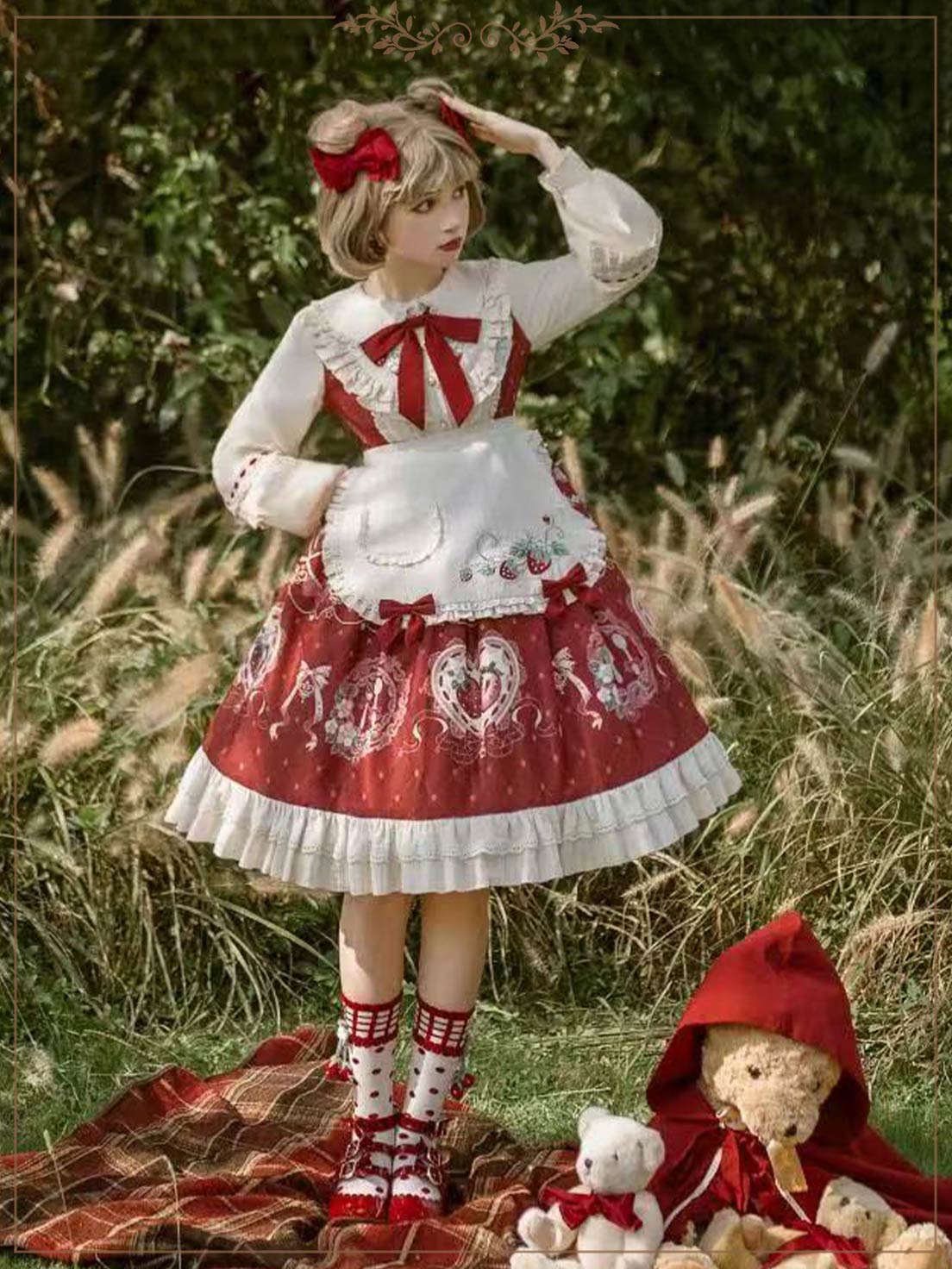 Sweet Lolita Set Red OP Dress with Strawberry Bow Accents Christmas Party Outfit