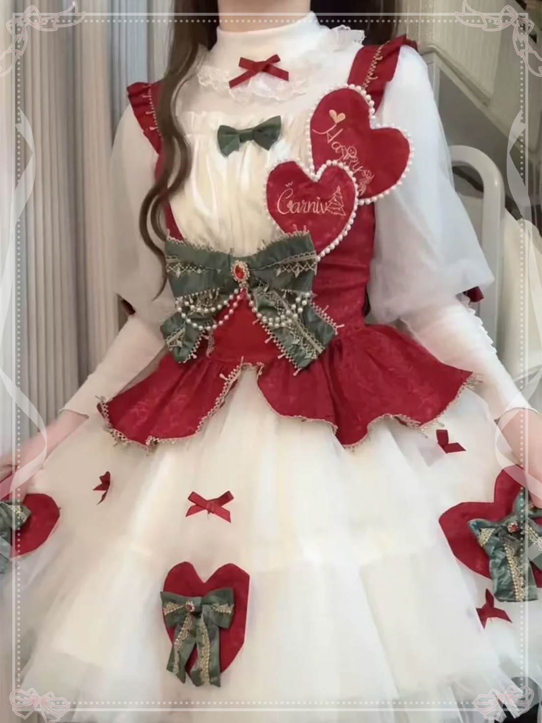 Sweet Lolita Set White Red Accent Outfit Top with Dress Christmas New Year Winter Style
