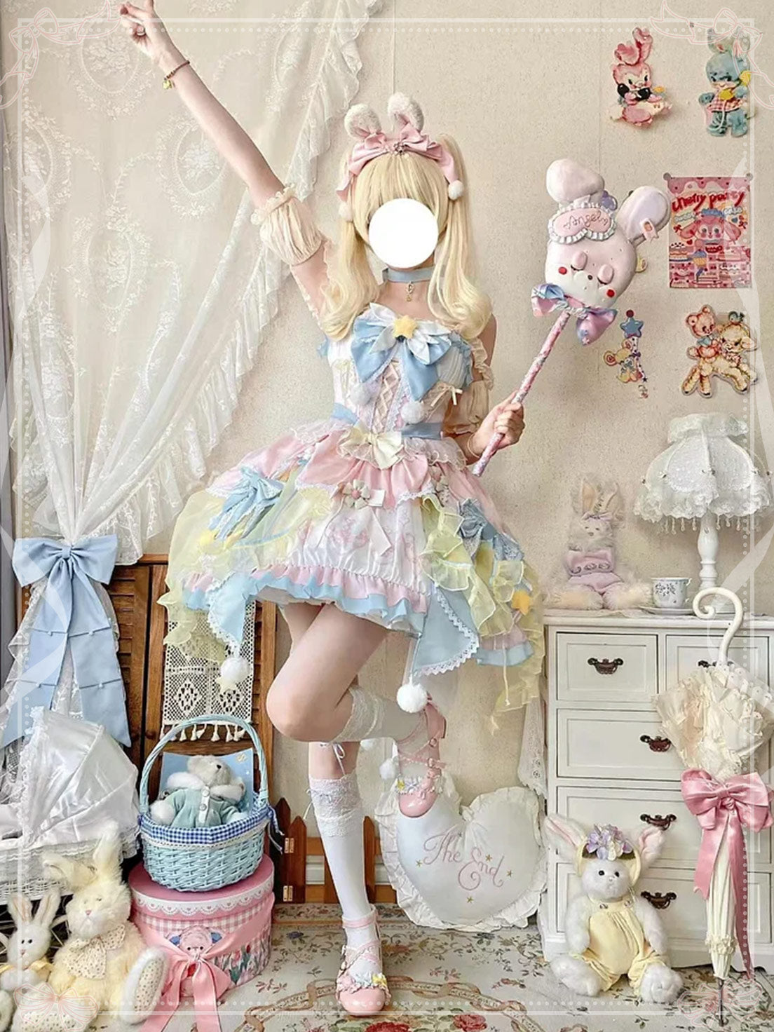 Sweet Lolita Soft Girl Cute Girl Pink and Blue Flower Princess Dress Spring Summer for Christmas